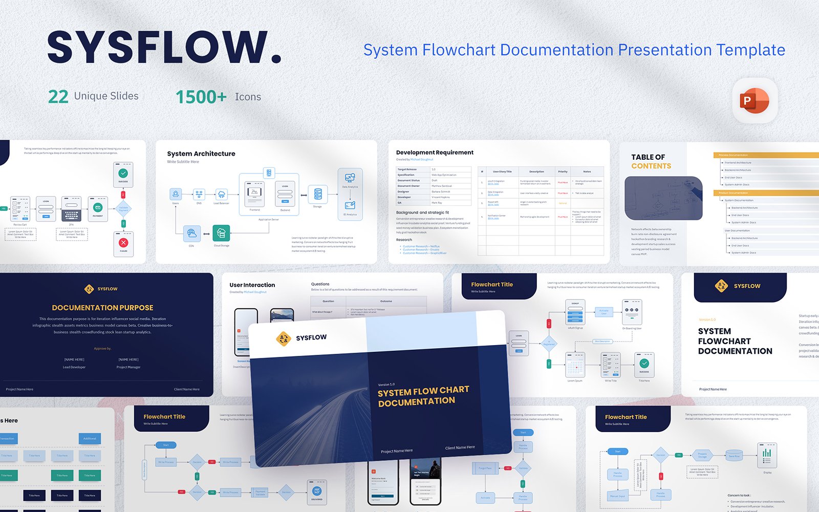SysFlow - System Flowchart Documentation PowerPoint Template-22 Slides & 1500+ Icons